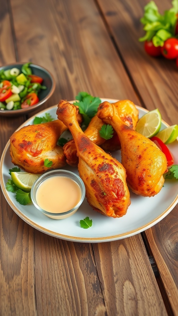 Healthy Air Fryer Chicken Legs Recipe Crispy air fryer chicken legs garnished with herbs, served with salad and dipping sauce on a rustic table.